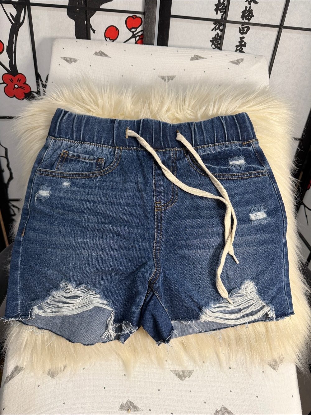 Rewash Distressed Drawstring Denim Shorts - Dark Blue